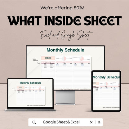 Monthly Schedule Template - Excel and Google Sheets - Time Management Planner - Customizable Calendar - Task & Activity Tracker