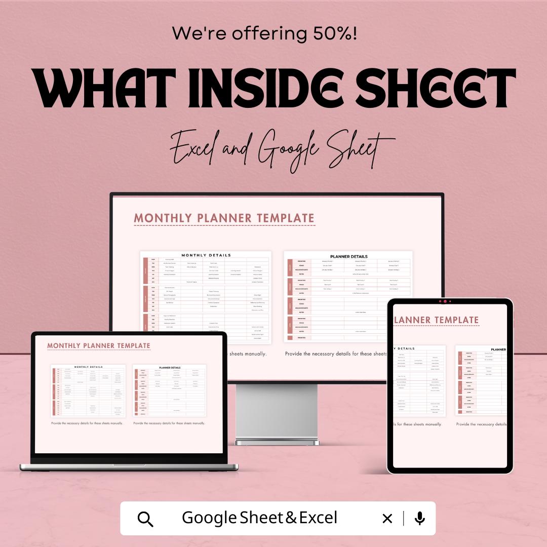 Monthly Planner Template | Editable Excel & Google Sheets Planner | Goal Tracker | Digital Organizer | Productivity and Schedule Template