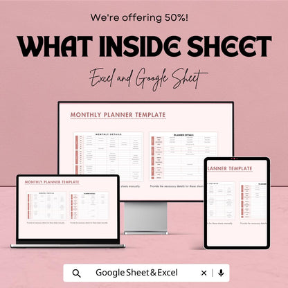 Monthly Planner Template | Editable Excel & Google Sheets Planner | Goal Tracker | Digital Organizer | Productivity and Schedule Template