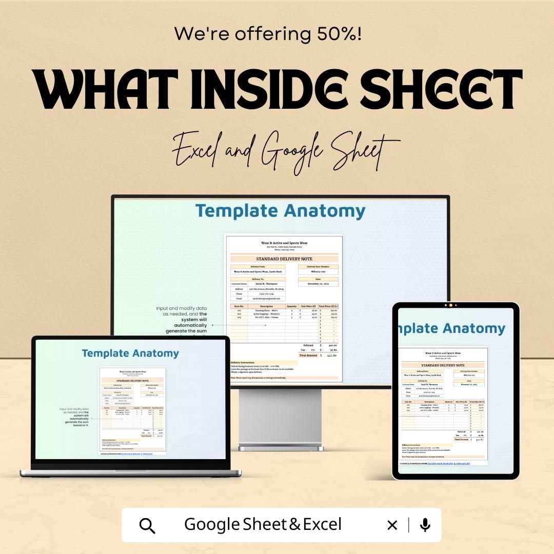 Standard Delivery Note Template | Editable Delivery Form | Excel & Google Sheets | Business Shipping Template | Printable Delivery Note