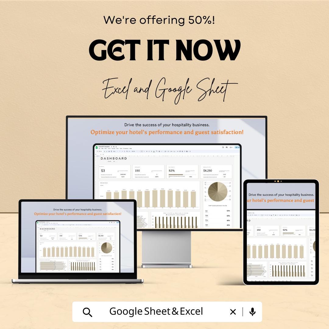 Hotel KPI Dashboard | Excel and Google Sheets | Hotel Performance Tracking | Revenue, Occupancy & Expense Analysis | Hotel Management