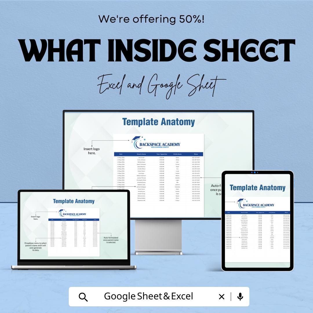 Parent Sign Out Sheet – Excel and Google Sheet Template | Track Parent Pickups & Child Sign Outs | 50% Off