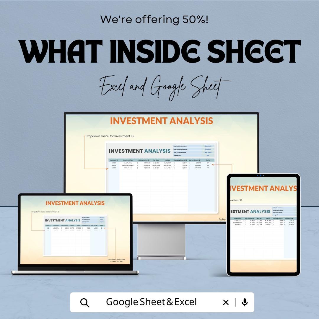Investment Analysis Template | Investment Tracker Spreadsheet | Financial Analysis Template | Excel & Google Sheets |