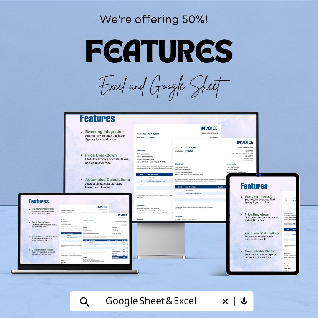 Blank Agency Invoice Template - Customizable Excel & Google Sheets - Easy-to-Use Professional Invoice
