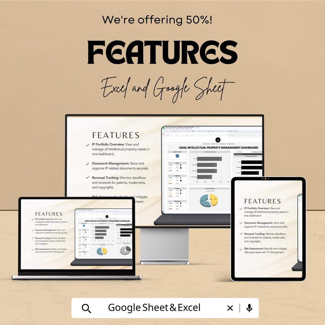 Legal Intellectual Property Management Dashboard Template, IP Portfolio Tracker, Patent & Trademark Dashboard