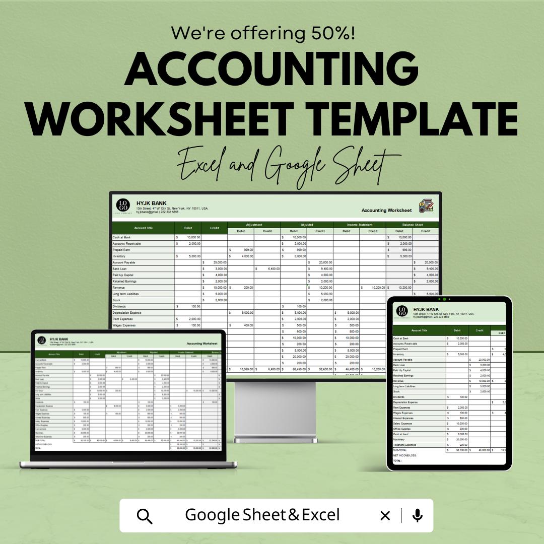 Accounting Worksheet Template | Excel and Google Sheets | Financial Analysis, Data Entry, Adjusted Trial Balance, Ledger & Reporting Tool