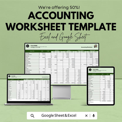 Accounting Worksheet Template | Excel and Google Sheets | Financial Analysis, Data Entry, Adjusted Trial Balance, Ledger & Reporting Tool
