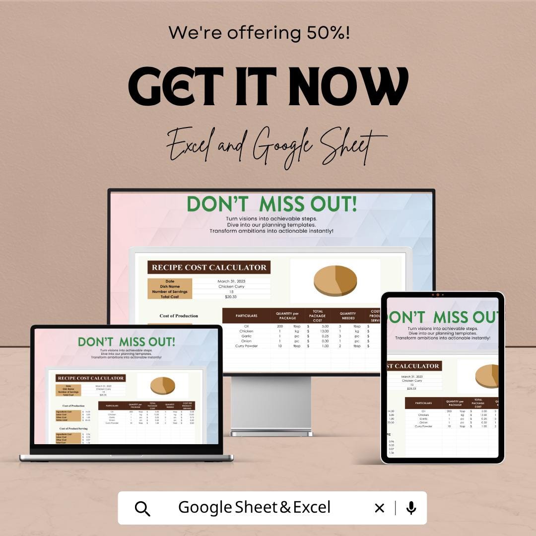 Recipe Cost Calculator Template | Food Cost Spreadsheet | Menu Pricing Calculator | Ingredient Cost Tracker | Catering Budget Tool