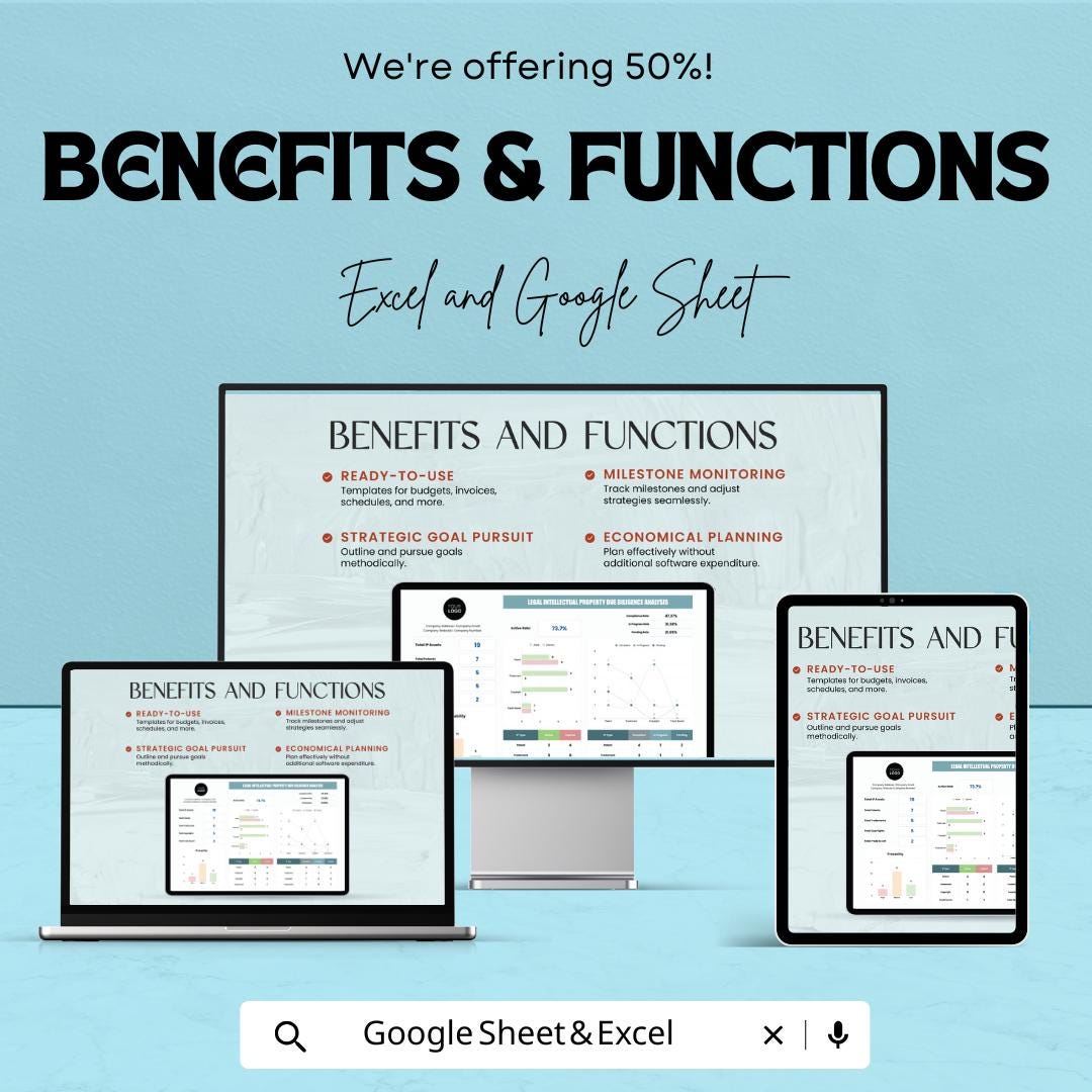 Legal Intellectual Property Due Diligence Analysis Sheet - Google Sheet Template for IP Management - Patent & Trademark Evaluation
