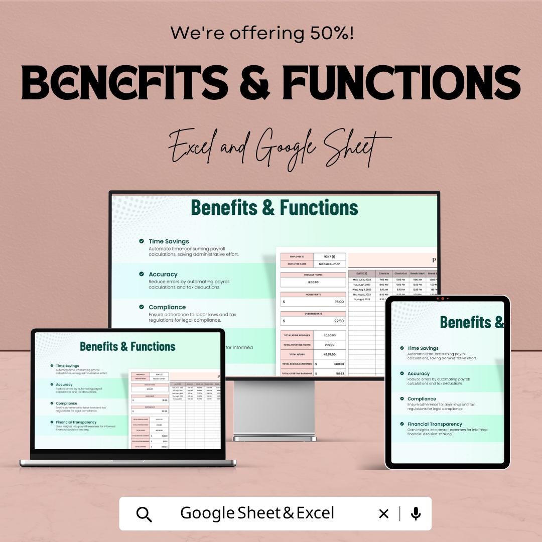 Payroll Timesheet Template | Employee Timesheet Spreadsheet | Work Hours Tracker | Excel & Google Sheets | Payroll Tracker Sheet