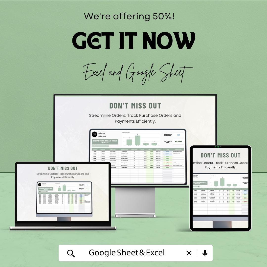 Operations Purchase Order Tracker Template | PO Tracking Spreadsheet | Excel & Google Sheets