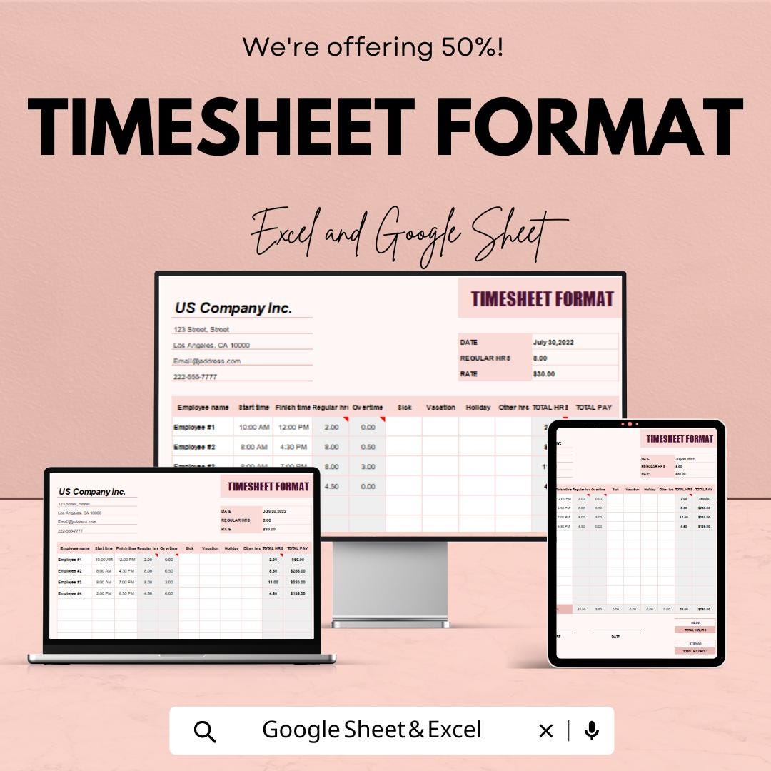 Timesheet Format Sheet for Employees | Editable Google Sheet & Excel Template | Track Hours, Overtime, and Pay