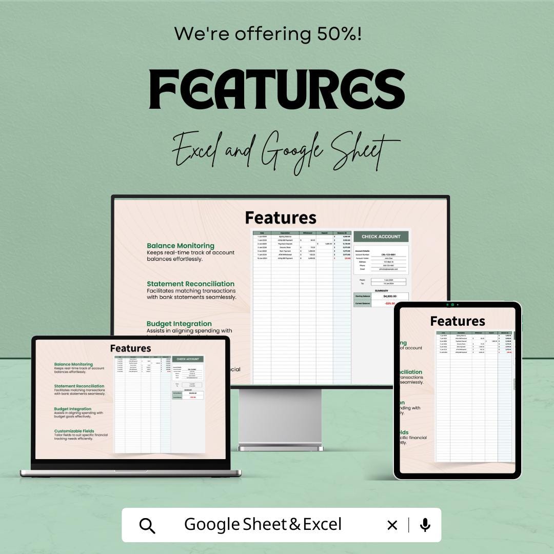 Checking Account Template | Excel and Google Sheets Check Register | Bank Account Tracker Spreadsheet | Budget and Transaction Log