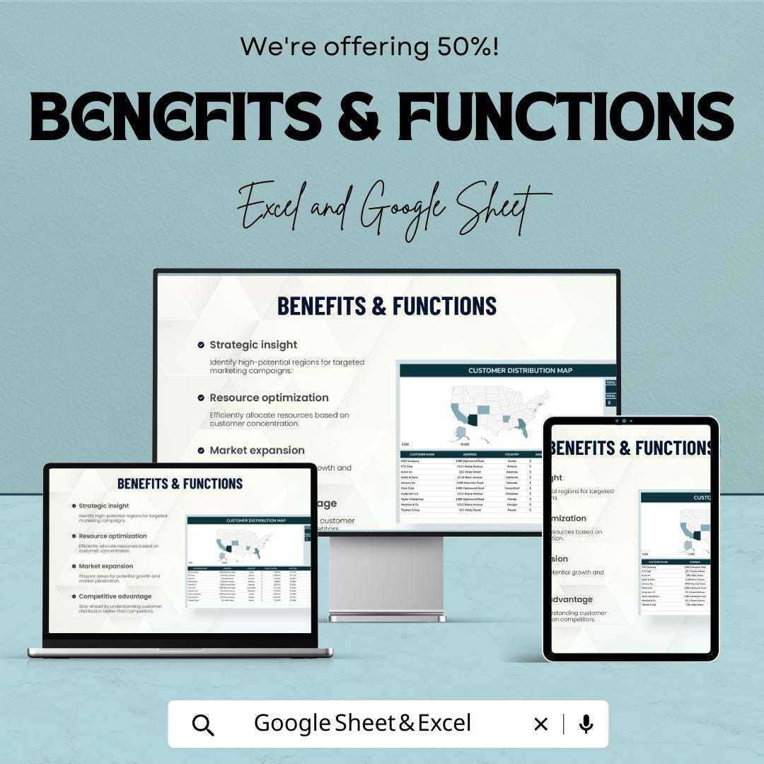 Customer Distribution Map Template Excel, Sales Territory Map, Client Location Tracker, Google Sheets Dashboard, Sales Analysis Tool