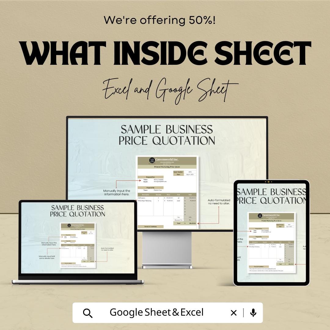 Sample Business Price Quotation Sheet | Excel and Google Sheets Template | Customizable & Professional | Instant Download