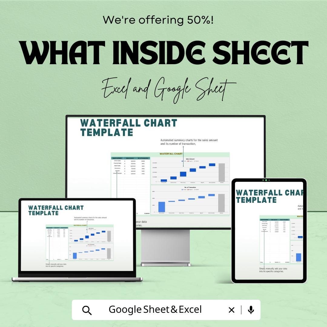Waterfall Chart Excel & Google Sheet Template - Sales Tracking and Financial Analysis - Automated Data Visualization for Business