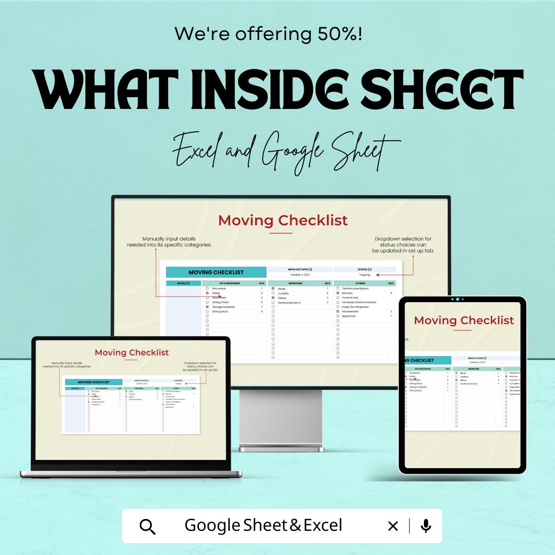 Moving Checklist Sheet - Excel & Google Sheets Template for Easy Organization - Track Your Move with Boxes, Kitchen, Bedroom, and More |