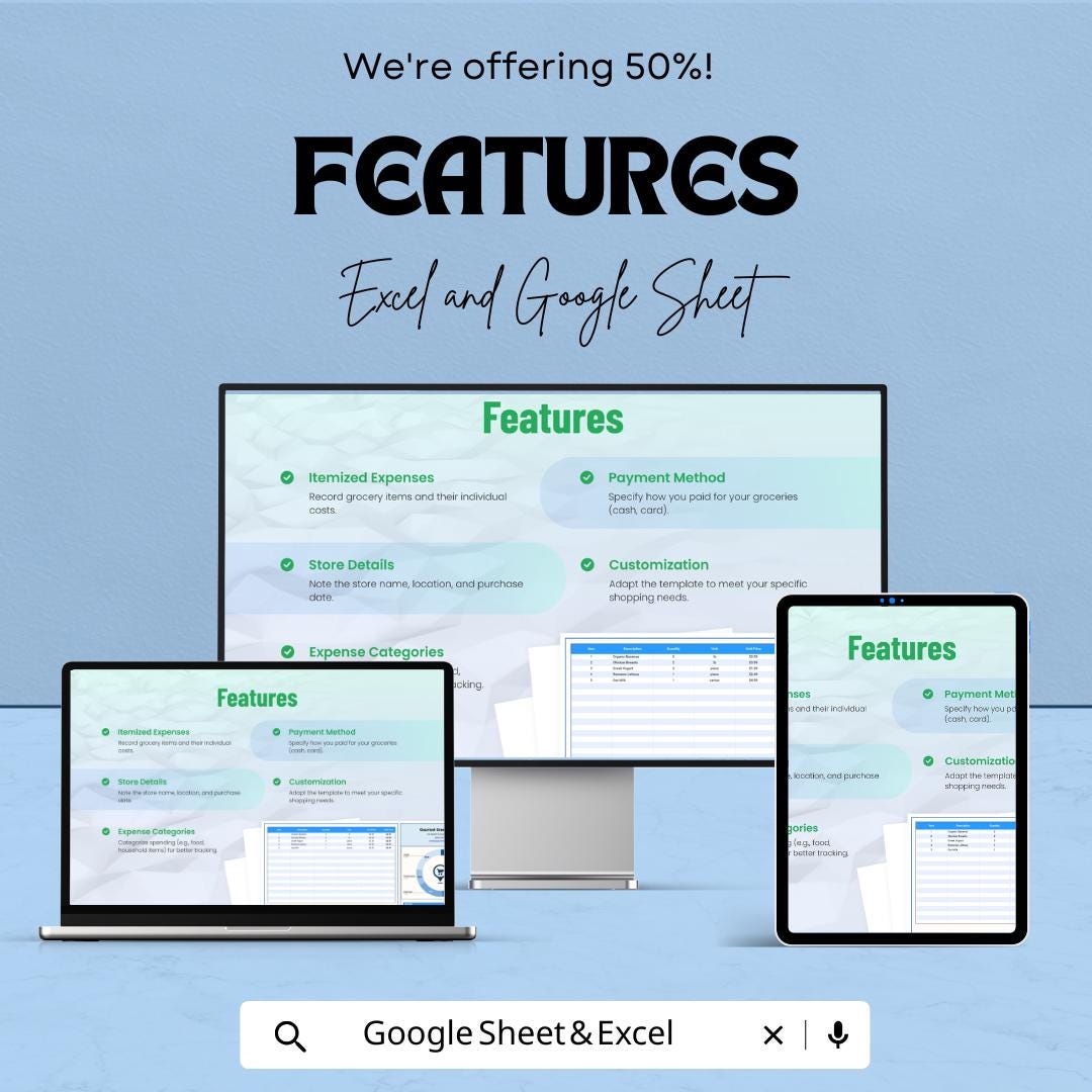 Grocery Bill Sheet Template - Excel and Google Sheets for Budgeting and Expenses | Customizable Grocery Shopping List & Tracking Tool