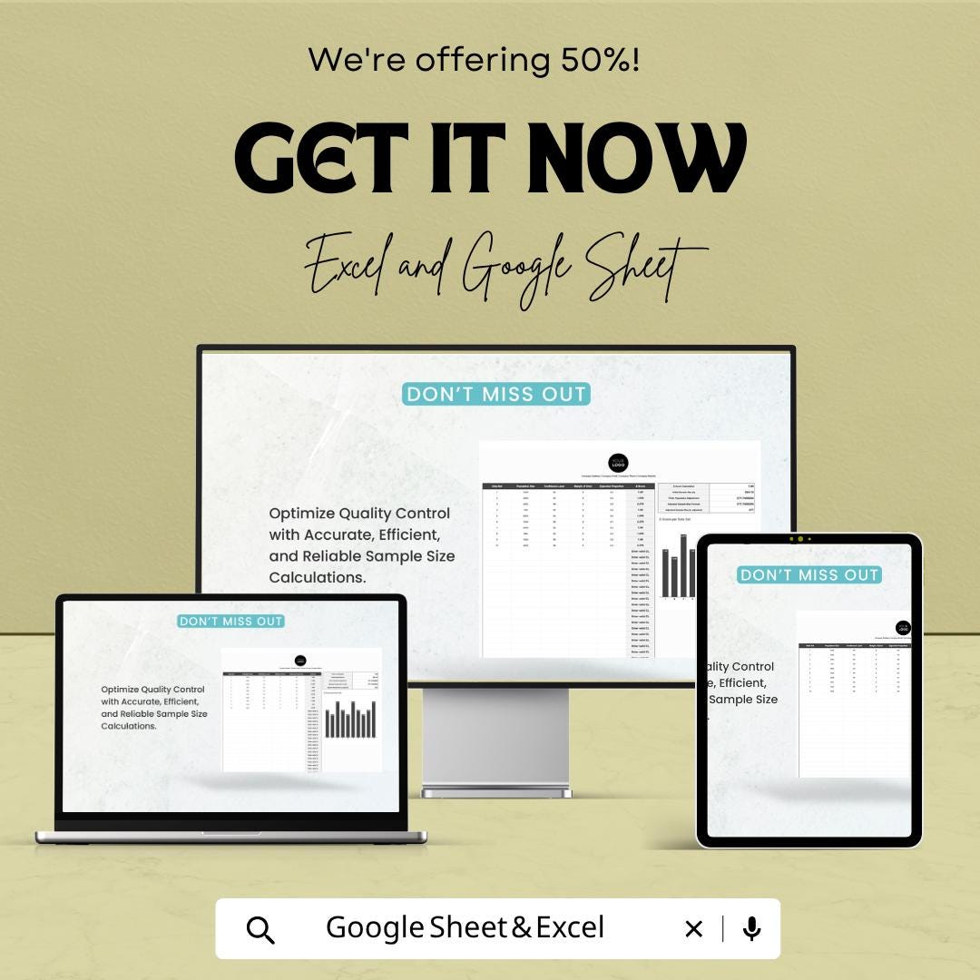Sample Size Calculator Template | Quality Control Spreadsheet | QC Sampling Plan Template | Statistical Sampling Tool