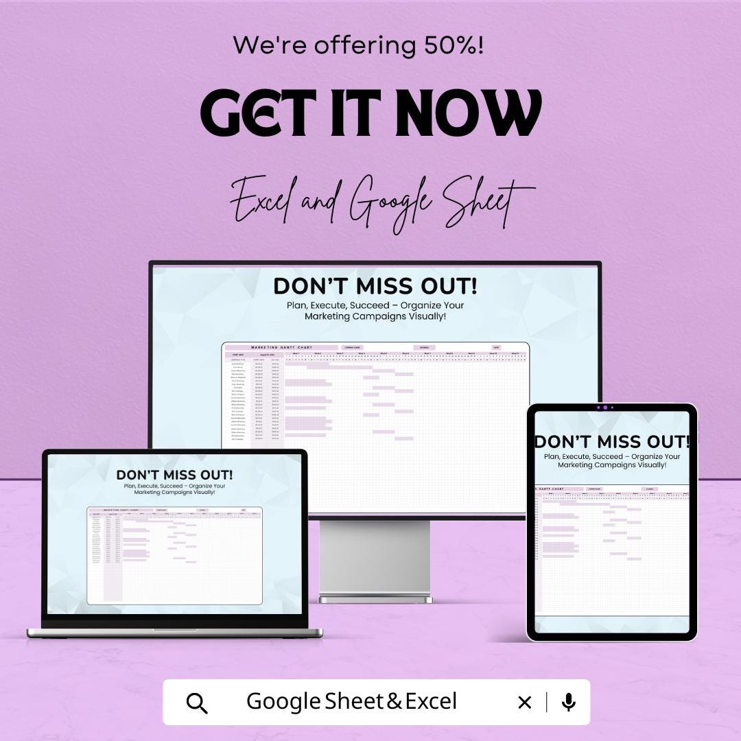 Marketing Gantt Chart Template | Campaign Planning Spreadsheet | Project Timeline Planner | Excel & Google Sheets