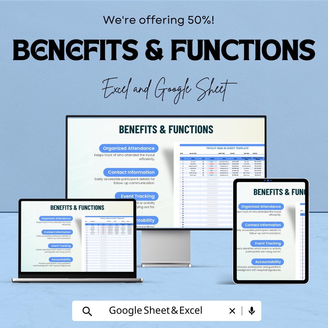 Tryout Sign-In Sheet | Sports Tryout Registration Template | Track Participants & Attendance | Excel and Google Sheets | Instant Download