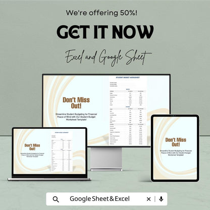 Student Budget Worksheet Template for Excel and Google Sheets | Track Income & Expenses | Financial Planning for Students | 50% Off!