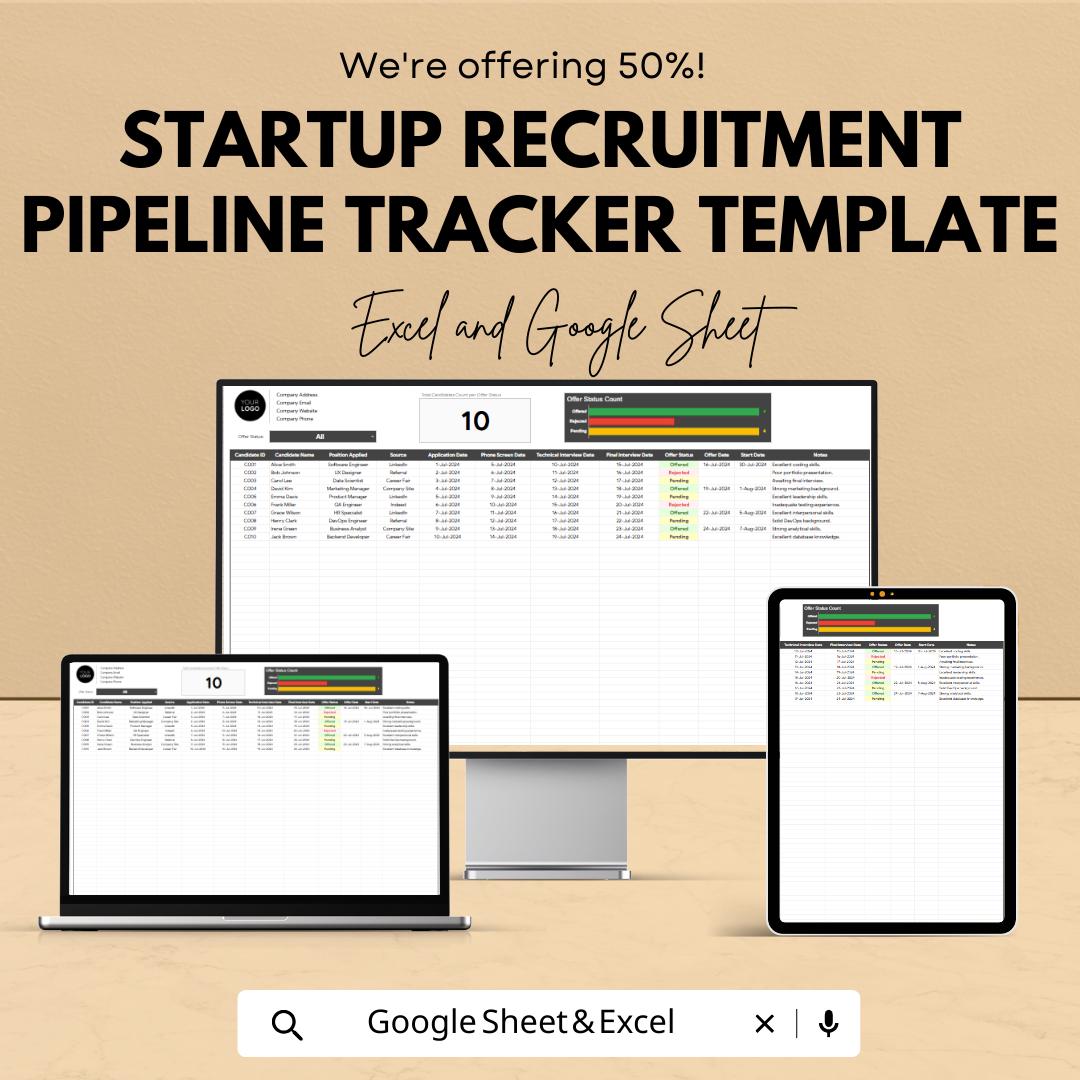 Startup Recruitment Pipeline Tracker | Hiring Process Spreadsheet | Applicant Tracking | Excel & Google Sheets