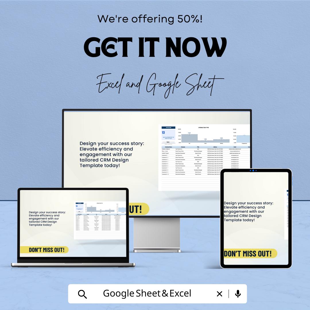 CRM Design Template | Excel & Google Sheets Customer Management Dashboard | CRM Layout Spreadsheet | Sales Tracking System