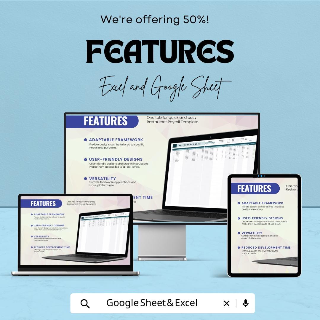 Restaurant Payroll Sheet - Google Sheet & Excel Payroll Template - Employee Salary Calculator - Easy Payroll Management for Restaurants