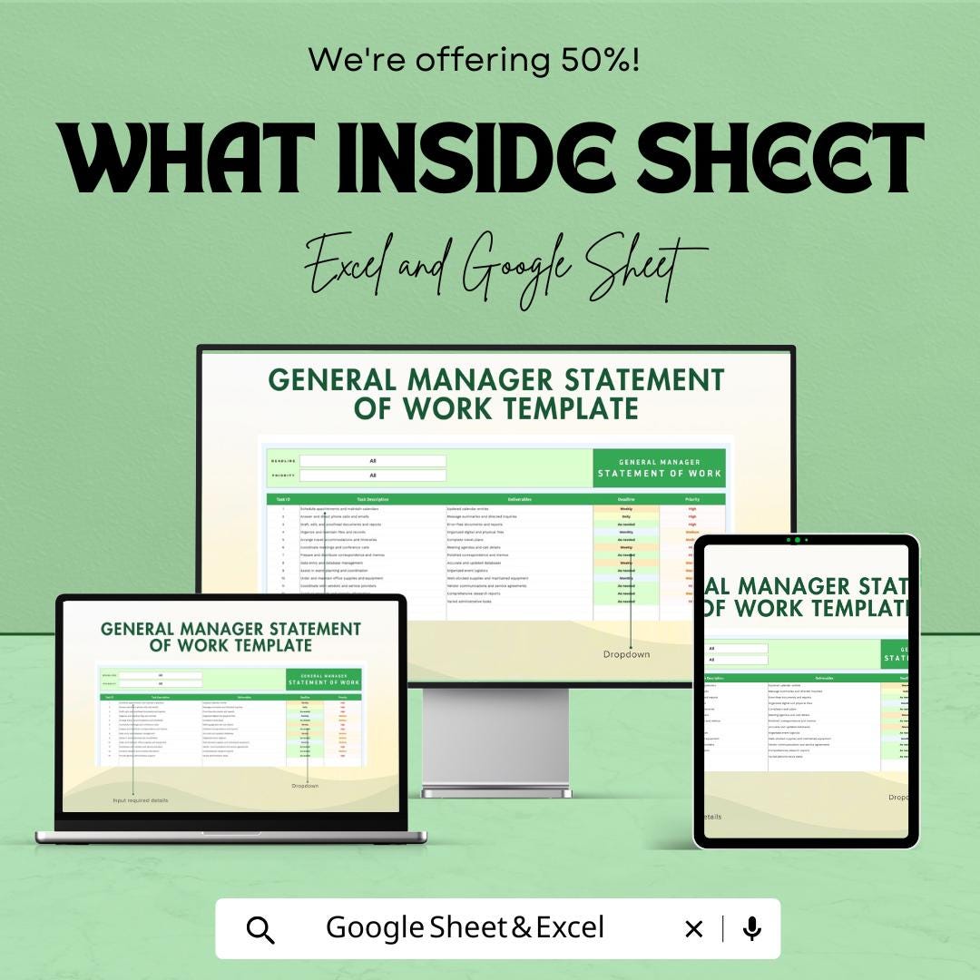 General Manager Statement of Work Template for Excel & Google Sheets – 50% Off – Professional Work Tracker for Managers
