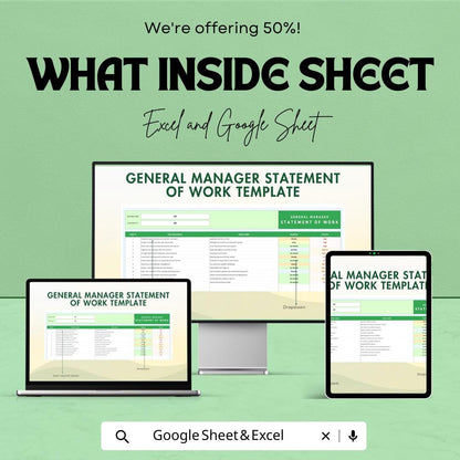 General Manager Statement of Work Template for Excel & Google Sheets – 50% Off – Professional Work Tracker for Managers