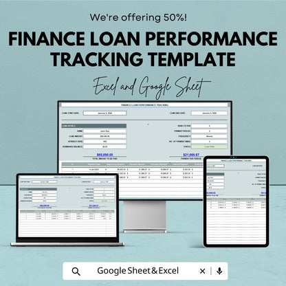 Finance Loan Performance Tracking Template | Loan Tracker Spreadsheet | Loan Payment Monitoring | Finance Management Tool