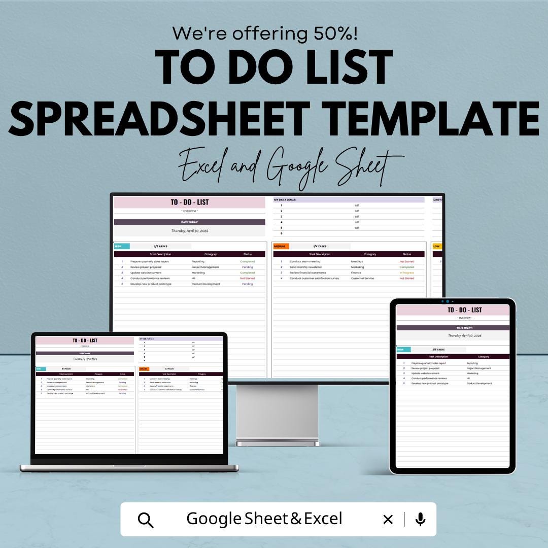 To Do List Spreadsheet Template | Daily Task Planner | Productivity Tracker | Task Management Spreadsheet | Personal Organizer |