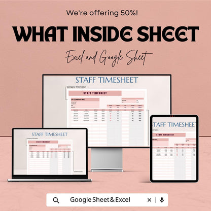 Staff Timesheet Template | Employee Timesheet Spreadsheet | Payroll Time Tracker Template | Work Hours Log Sheet