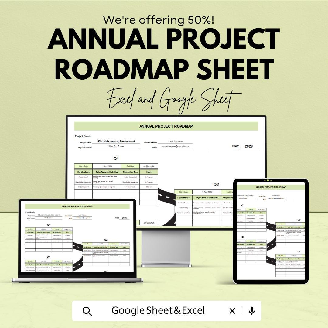 Annual Project Roadmap Sheet | Google Sheets Template | Project Planning, Goal Setting, Milestone Tracking, Timeline Visualization |