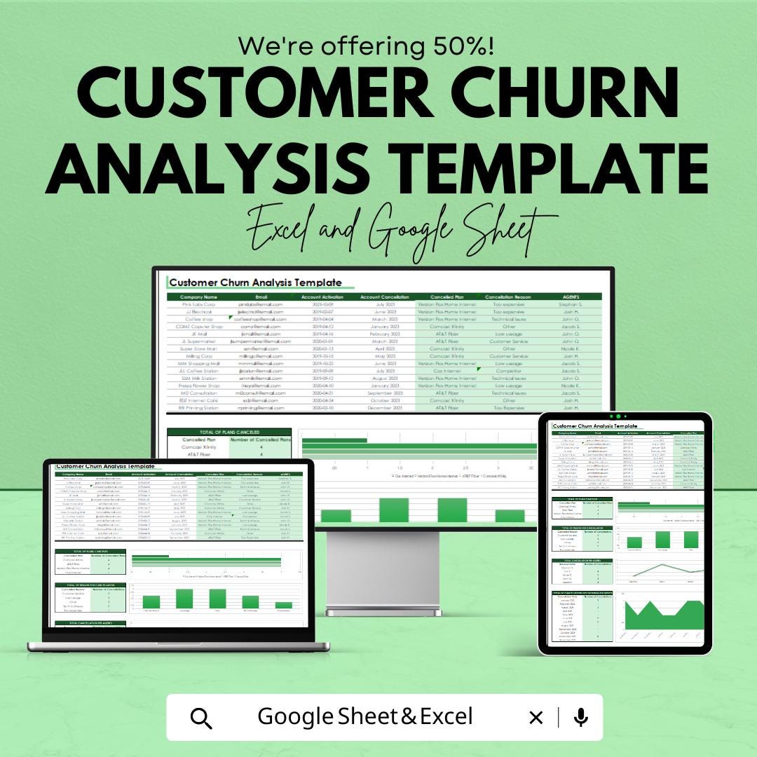 Customer Churn Analysis Template | Excel & Google Sheets Churn Dashboard | Retention and Customer Analytics Spreadsheet