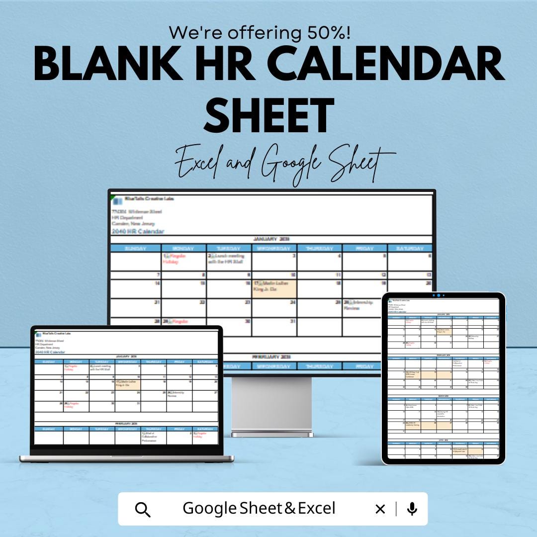 Blank HR Calendar Sheet - Excel & Google Sheet, Customizable Employee Schedule Template, HR Management Calendar