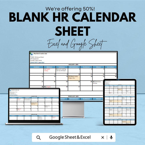 Blank HR Calendar Sheet - Excel & Google Sheet, Customizable Employee Schedule Template, HR Management Calendar