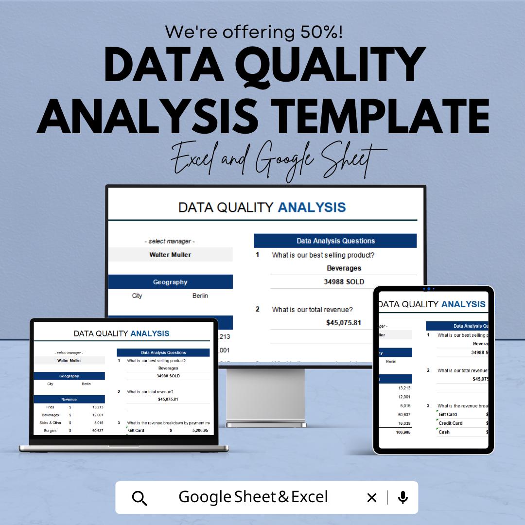 Data Quality Analysis Template | Data Analysis Spreadsheet | Data Quality Dashboard | Excel & Google Sheets