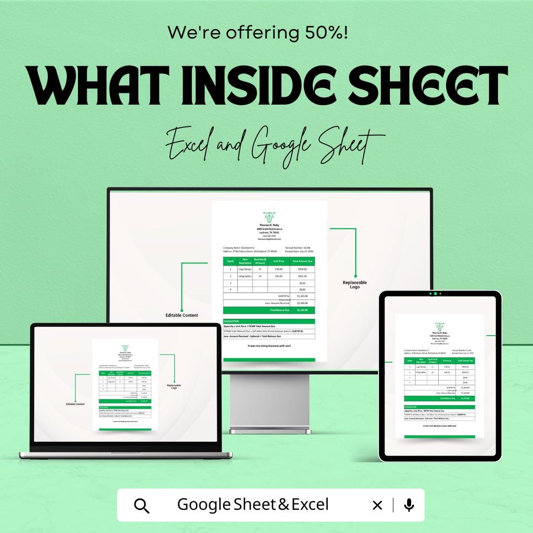Freelance Receipt of Payment Sheet | Professional Invoice Template | Excel & Google Sheet Format | Instant Download