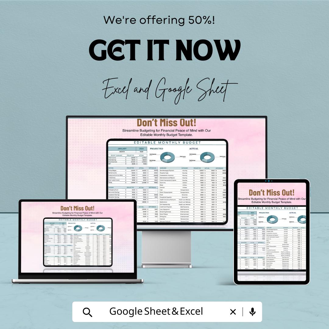 Editable Monthly Budget Template | Excel & Google Sheets Budget Planner | Income Expense Tracker | Personal Finance Spreadsheet