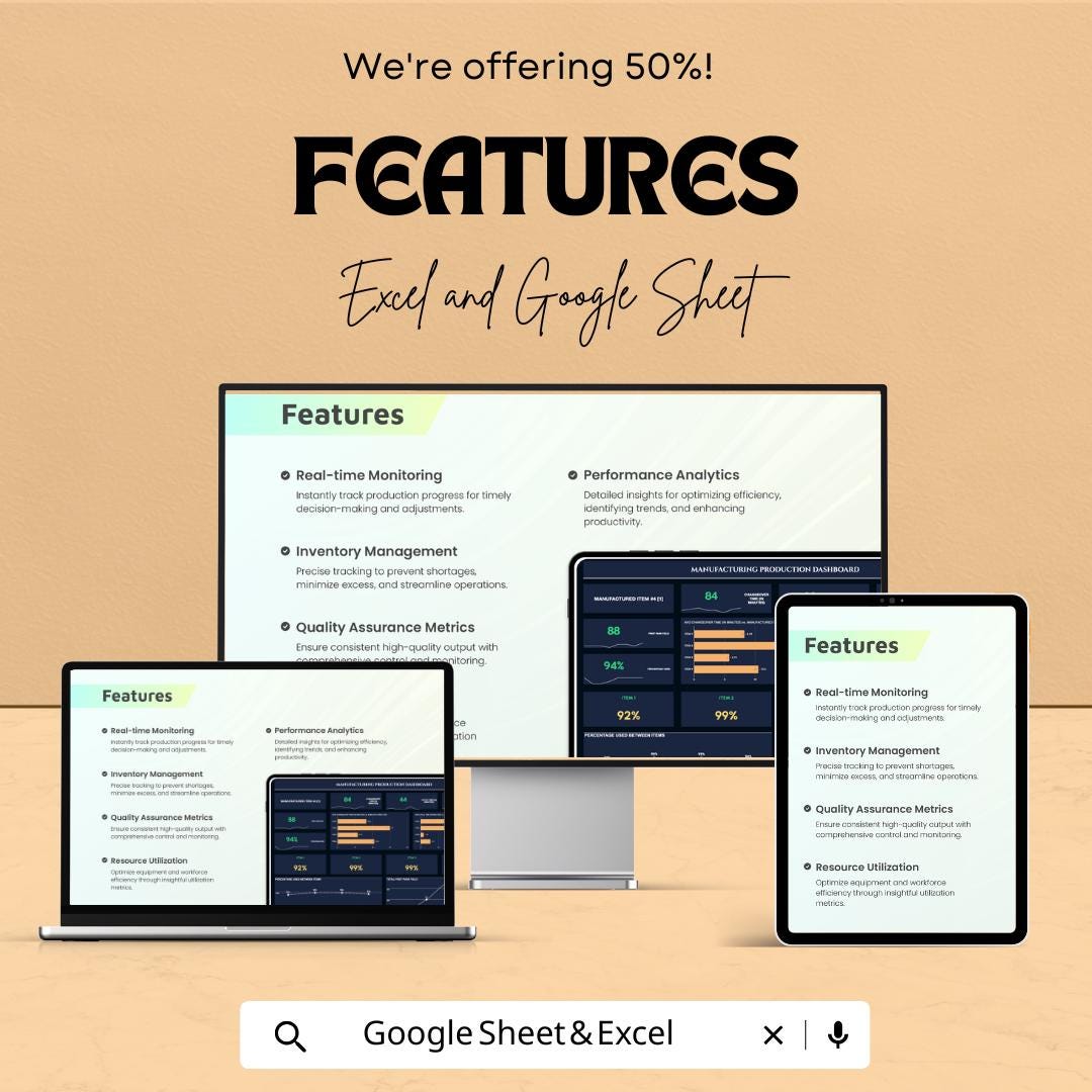Manufacturing Production Dashboard Template - Excel and Google Sheet for Data Tracking, Performance Analysis & Reporting