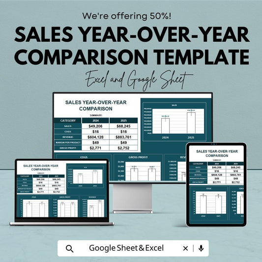 Sales Year-Over-Year Comparison Template | Excel & Google Sheet Dashboard | Annual Sales Tracker | Business Performance Report | Financial
