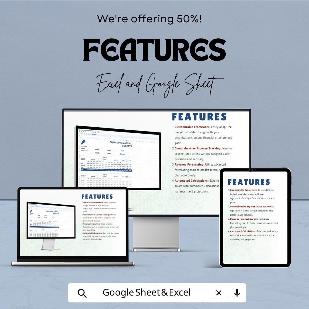 Corporate Annual Budget Template | Business Budget Spreadsheet | Financial Planning Template | Company Expense Tracker