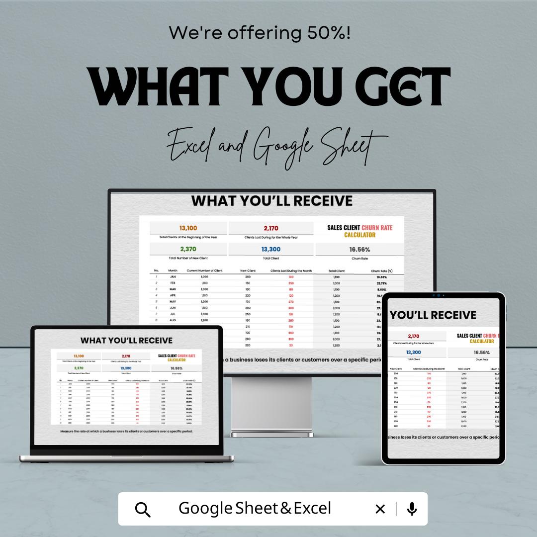 Sales Client Churn Rate Calculator Template | Excel & Google Sheets | Customer Churn Analysis Spreadsheet | Retention Tracker