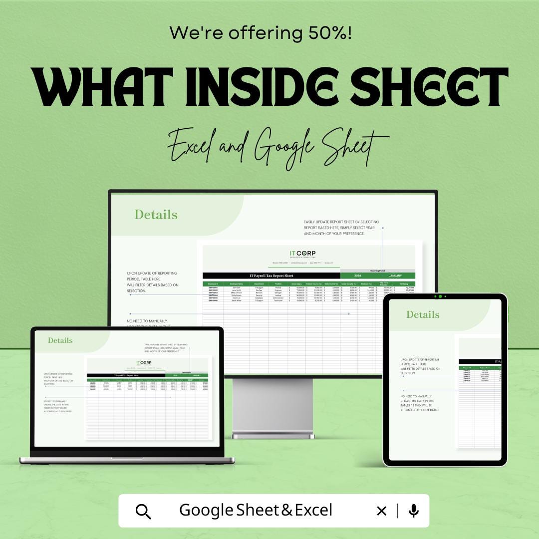 IT Payroll Tax Report Sheet Template | Excel & Google Sheets Payroll Tax Calculator | Employee Tax Report | Business Payroll Tax Spreadsheet