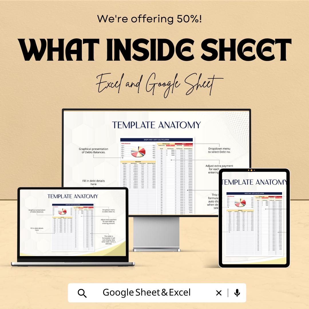 Debt Pay-Off Calculator Sheet – Excel & Google Sheets Template for Debt Management – 50% Off