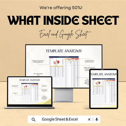 Debt Pay-Off Calculator Sheet – Excel & Google Sheets Template for Debt Management – 50% Off