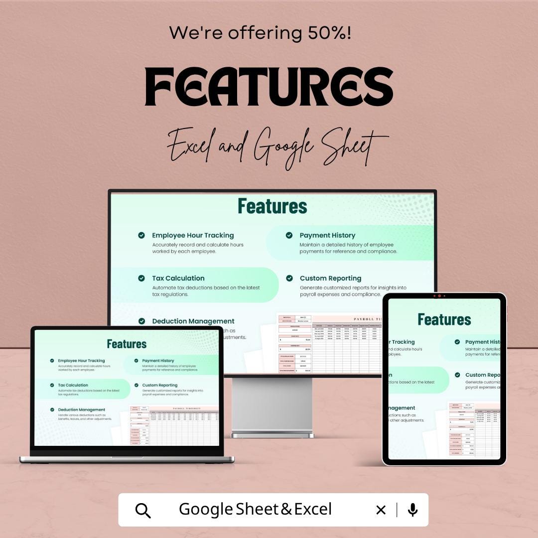 Payroll Timesheet Template | Employee Timesheet Spreadsheet | Work Hours Tracker | Excel & Google Sheets | Payroll Tracker Sheet