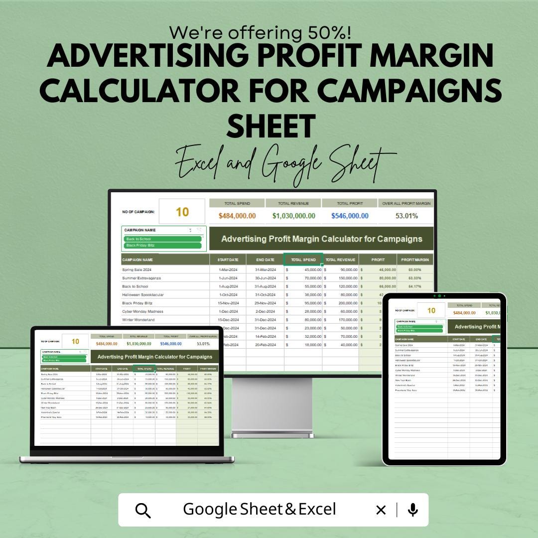 Advertising Profit Margin Calculator for Campaigns | Google Sheet Template | Marketing Campaign ROI Tracker | Ad Spend Profit Tracker